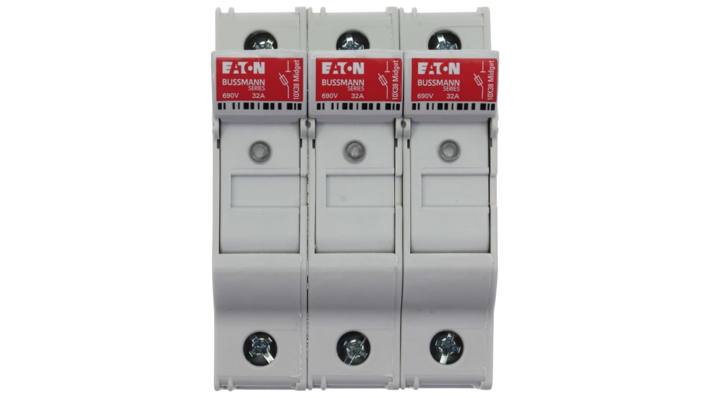 Eaton 32A Rail Mount Fuse Holder for 10 x 38mm Fuse, 3P, 690V ac