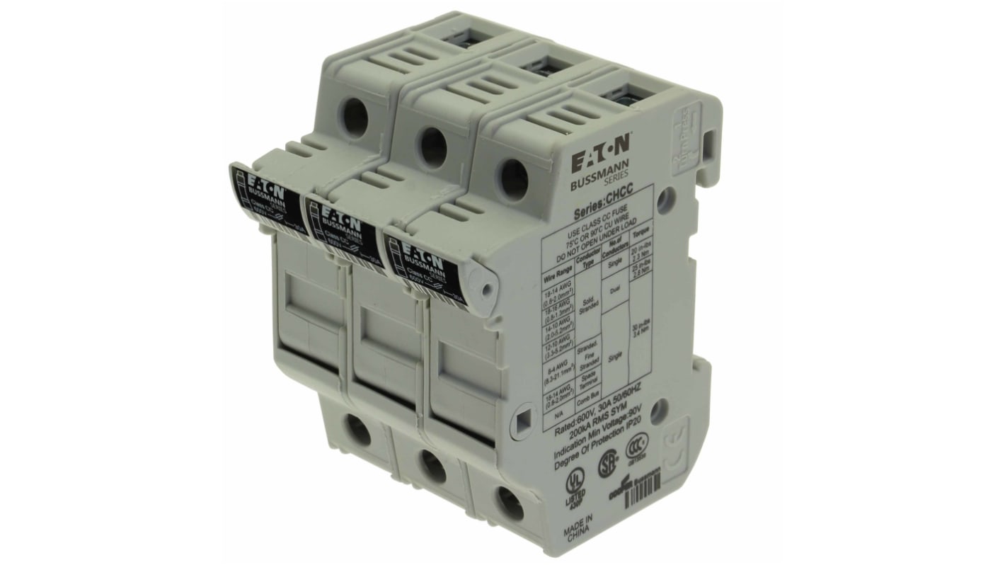 Eaton 30A Rail Mount Fuse Holder for 10 x 38mm Fuse, 3P, 600V ac