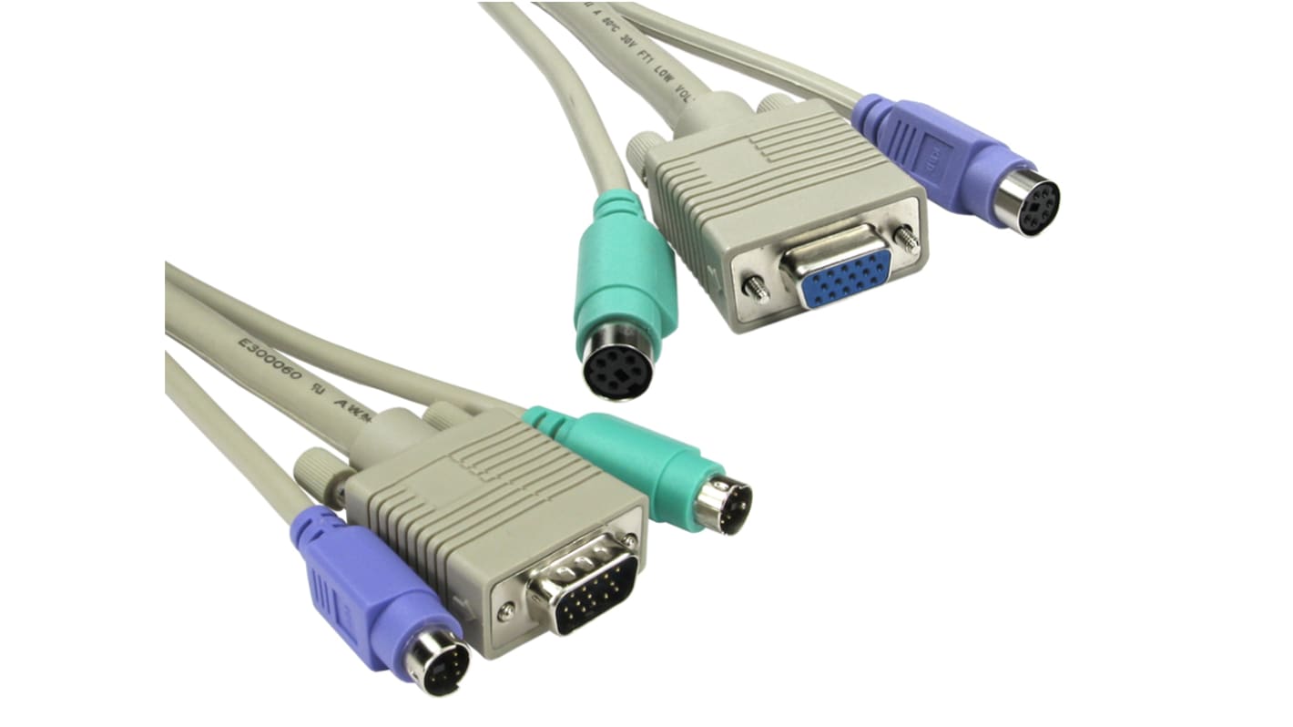 Cable KVM Gris RS PRO de 2m, con. A: PS/2 x 2; VGA Macho, con. B: PS/2 x 2; SVGA Hembra