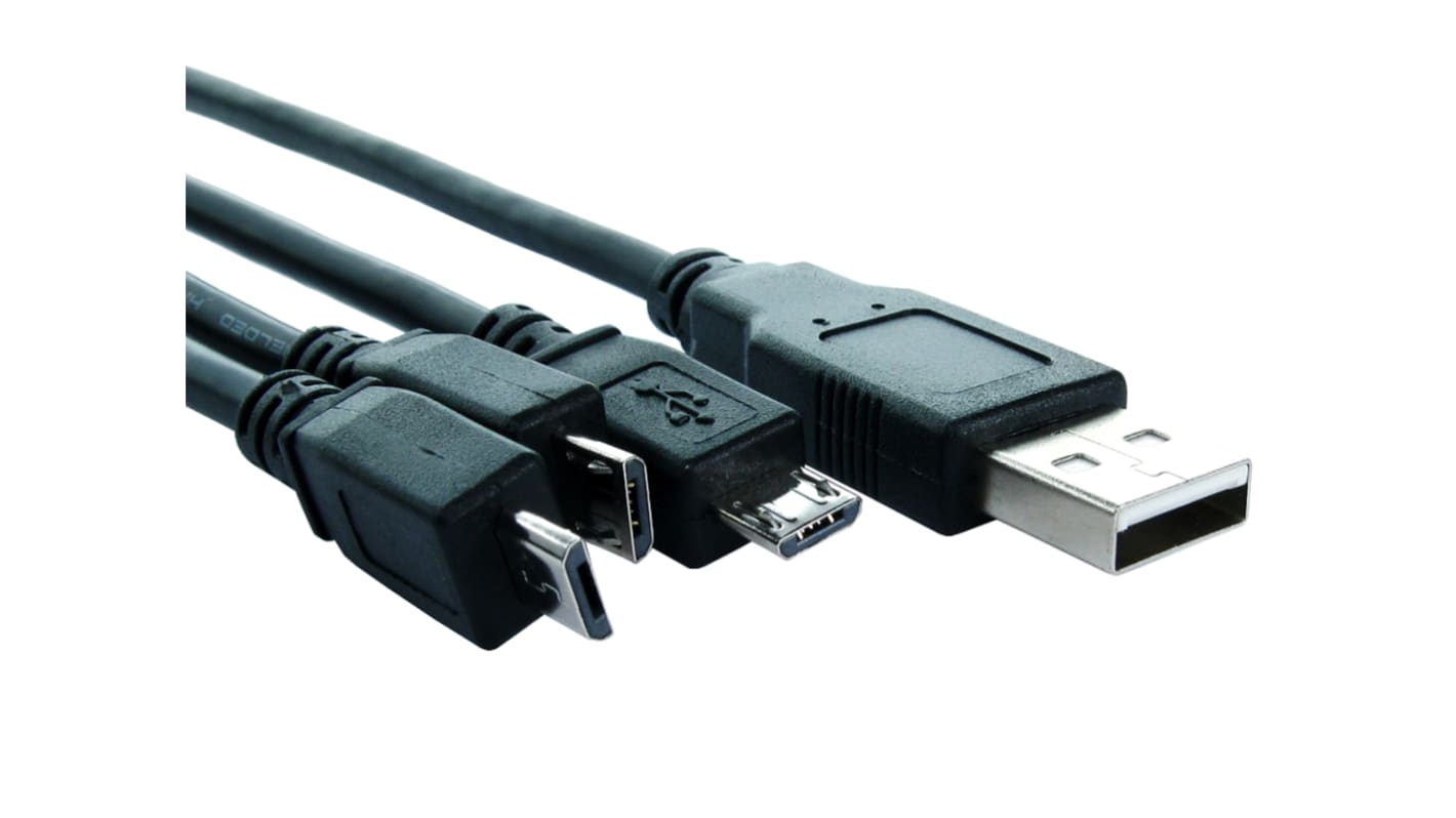 RS PRO USB 2.0 Cable, Male USB A to Male Micro USB B x 3 Cable, 800mm