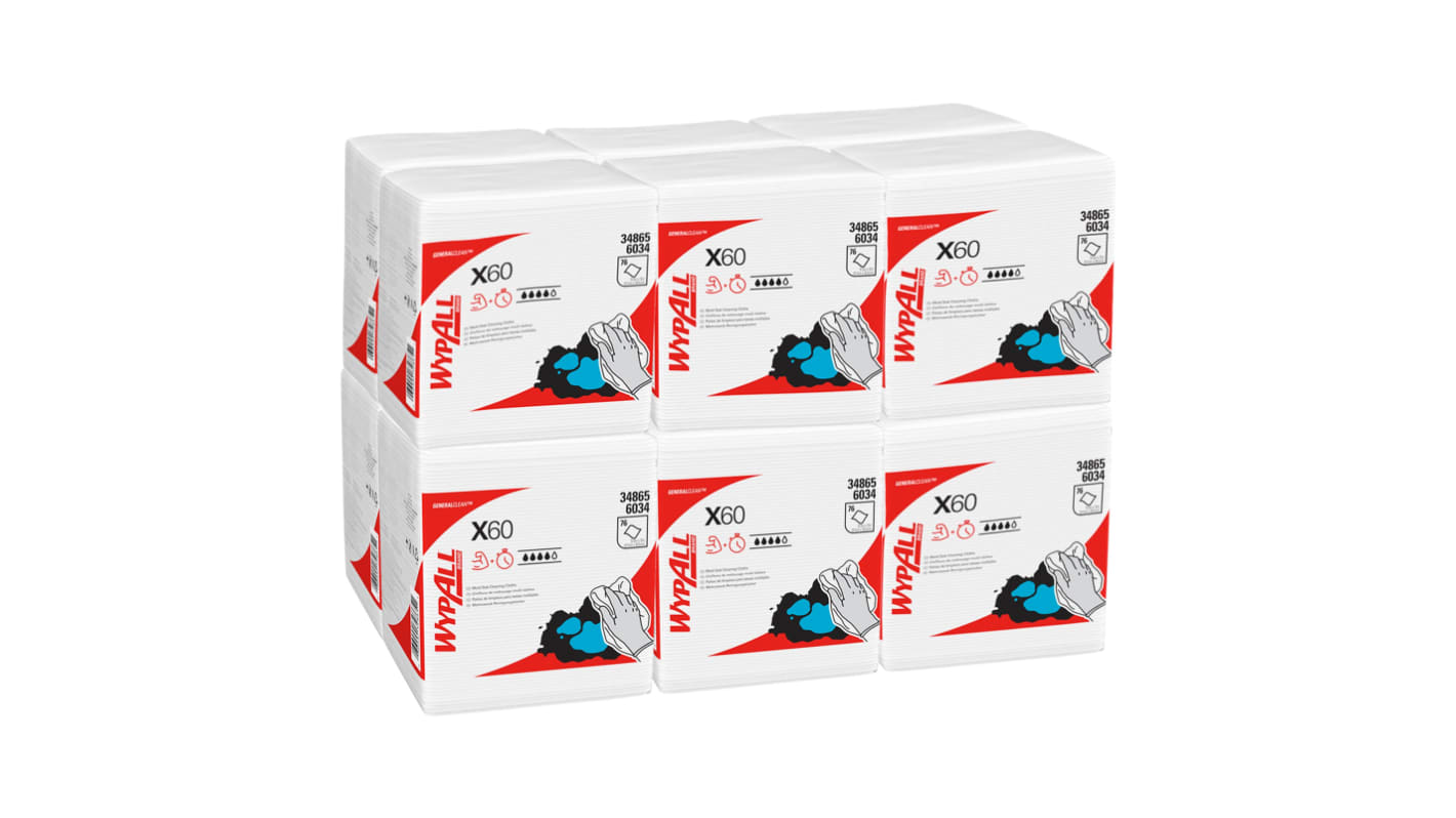 Kimberly Clark WypAll White Cloths for General Cleaning, Dry Use, Bag of 76, 305 x 318mm, Repeat Use