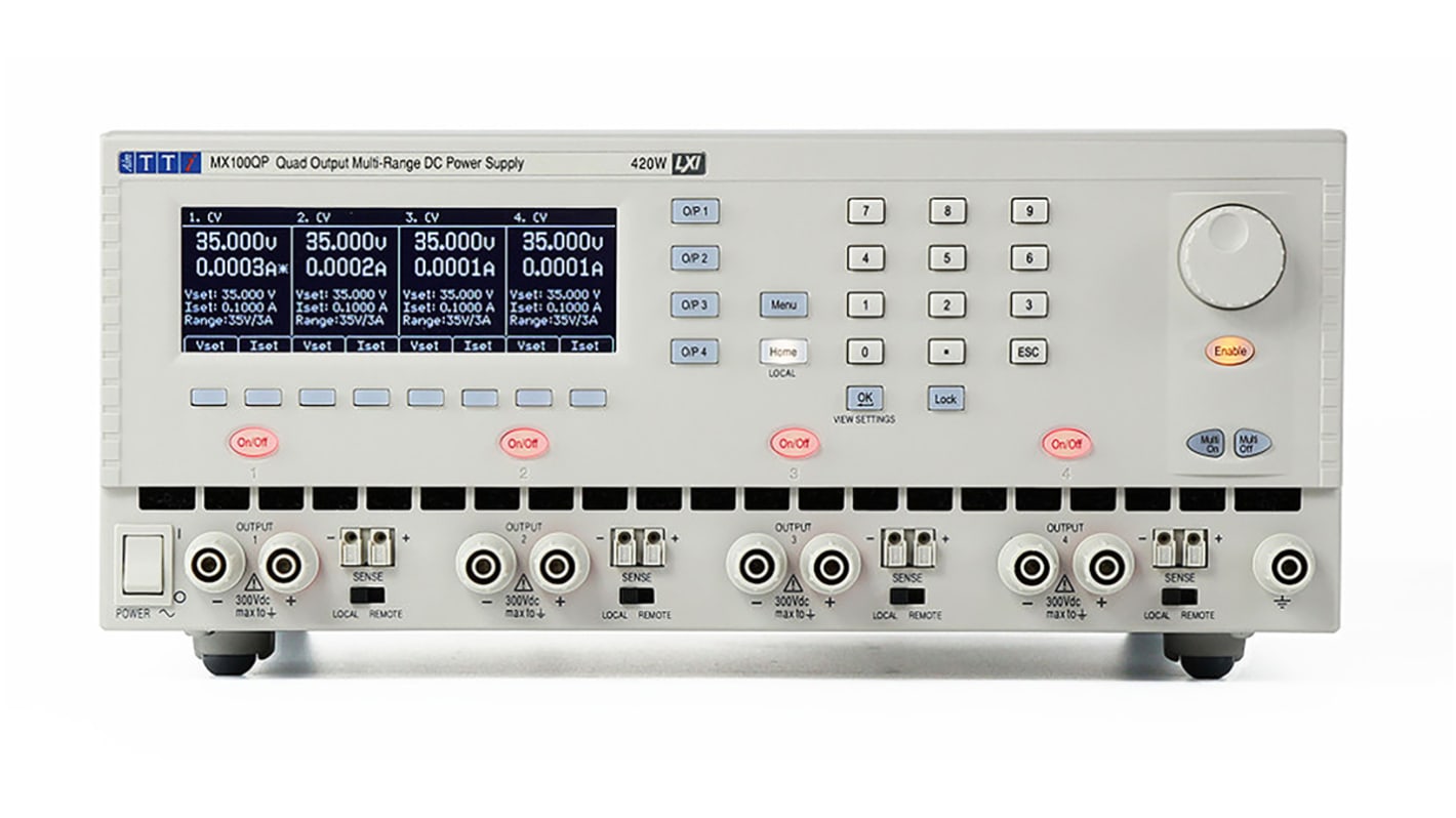 Fuente de alimentación Aim-TTi MX100Q, calibrado UKAS, 4 salidas, 0 → 35V, 0 → 3A, 420W