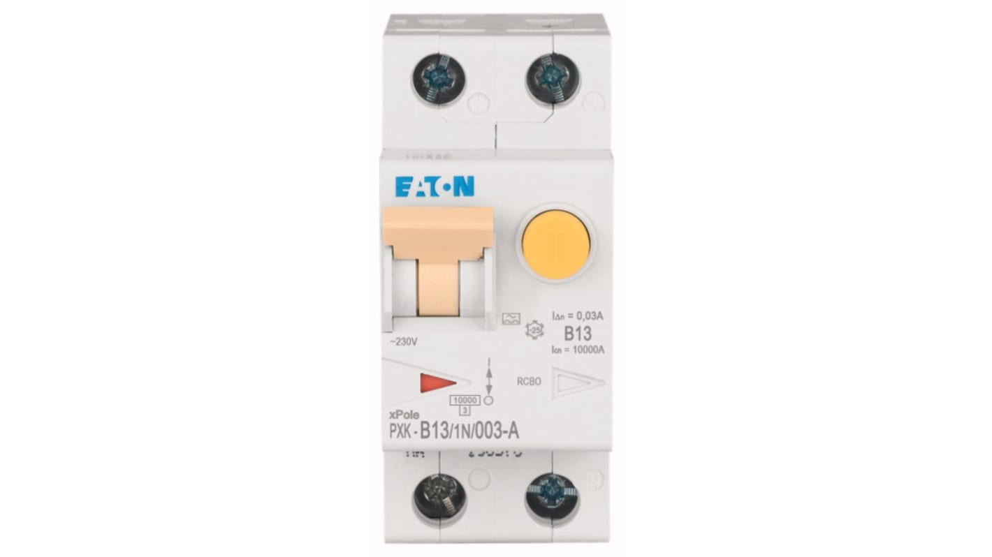 Eaton RCBO, 13A Current Rating, 1P+N Poles, 30mA Trip Sensitivity, Type B, PXK Range