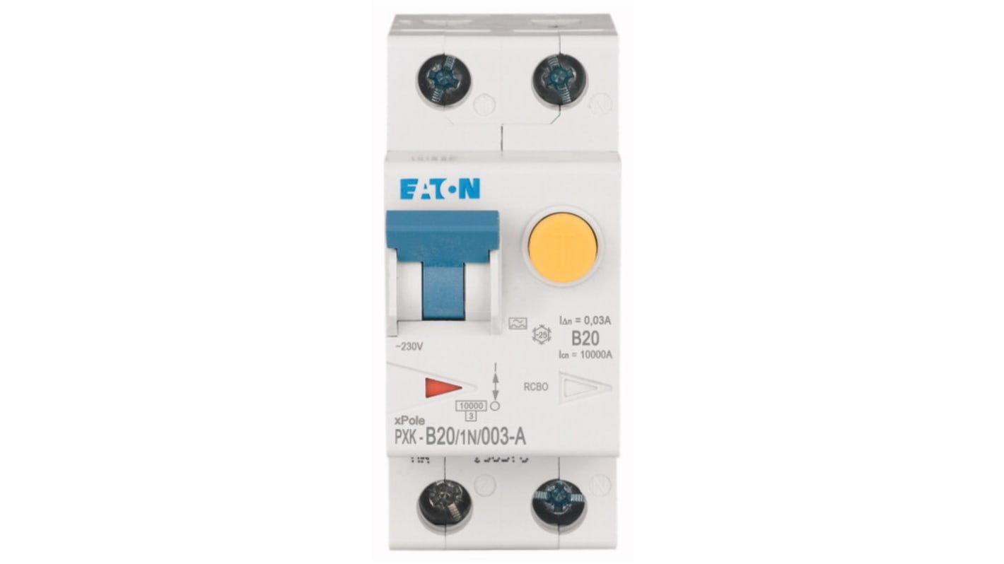 Eaton RCBO, 20A Current Rating, 1P+N Poles, 30mA Trip Sensitivity, Type B, PXK Range
