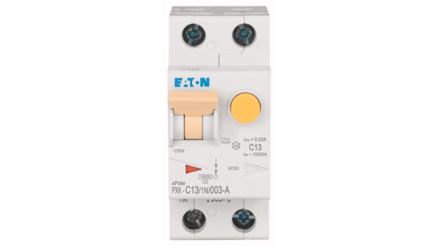 Eaton RCBO, 13A Current Rating, 1P+N Poles, 30mA Trip Sensitivity, Type C, PXK Range