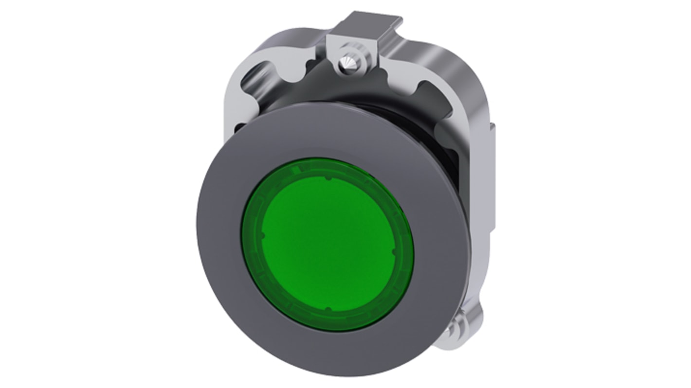 Cabezal de pulsador Siemens serie 3SU1061, Ø 22mm, de color Verde, Enclavamiento, IP66, IP67, IP69K