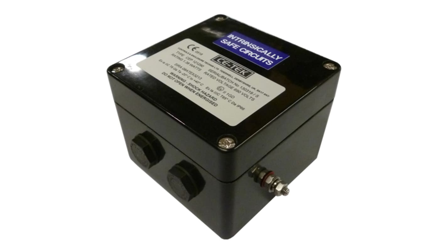 CE-TEK CEP Series Black Polyester Junction Box, IP66, 10 Terminals, ATEX, 120 x 122 x 90mm