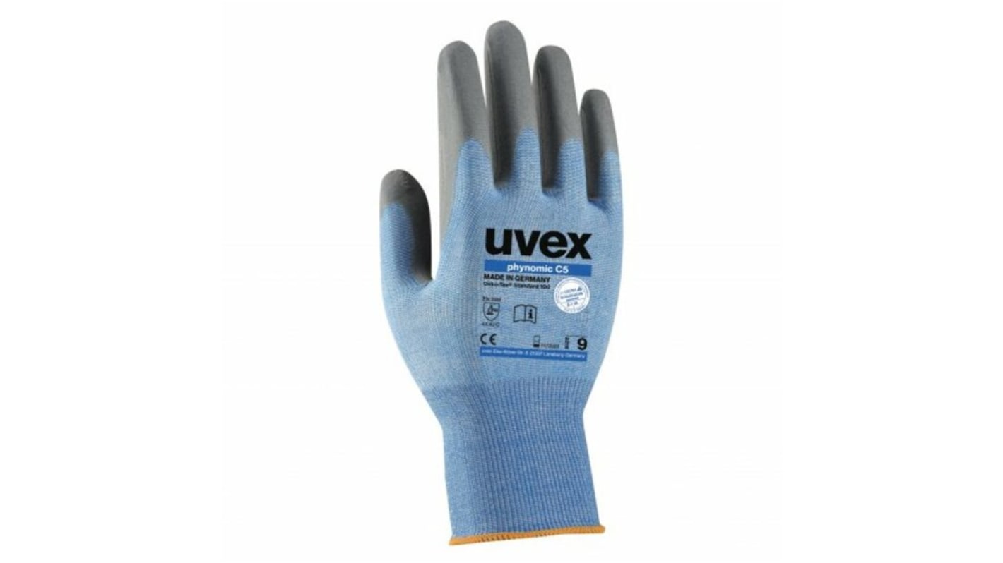 Uvex Phynomic C5 Blue Elastane Cut Resistant Work Gloves, Size 9, Aqua-Polymer Foam Coating