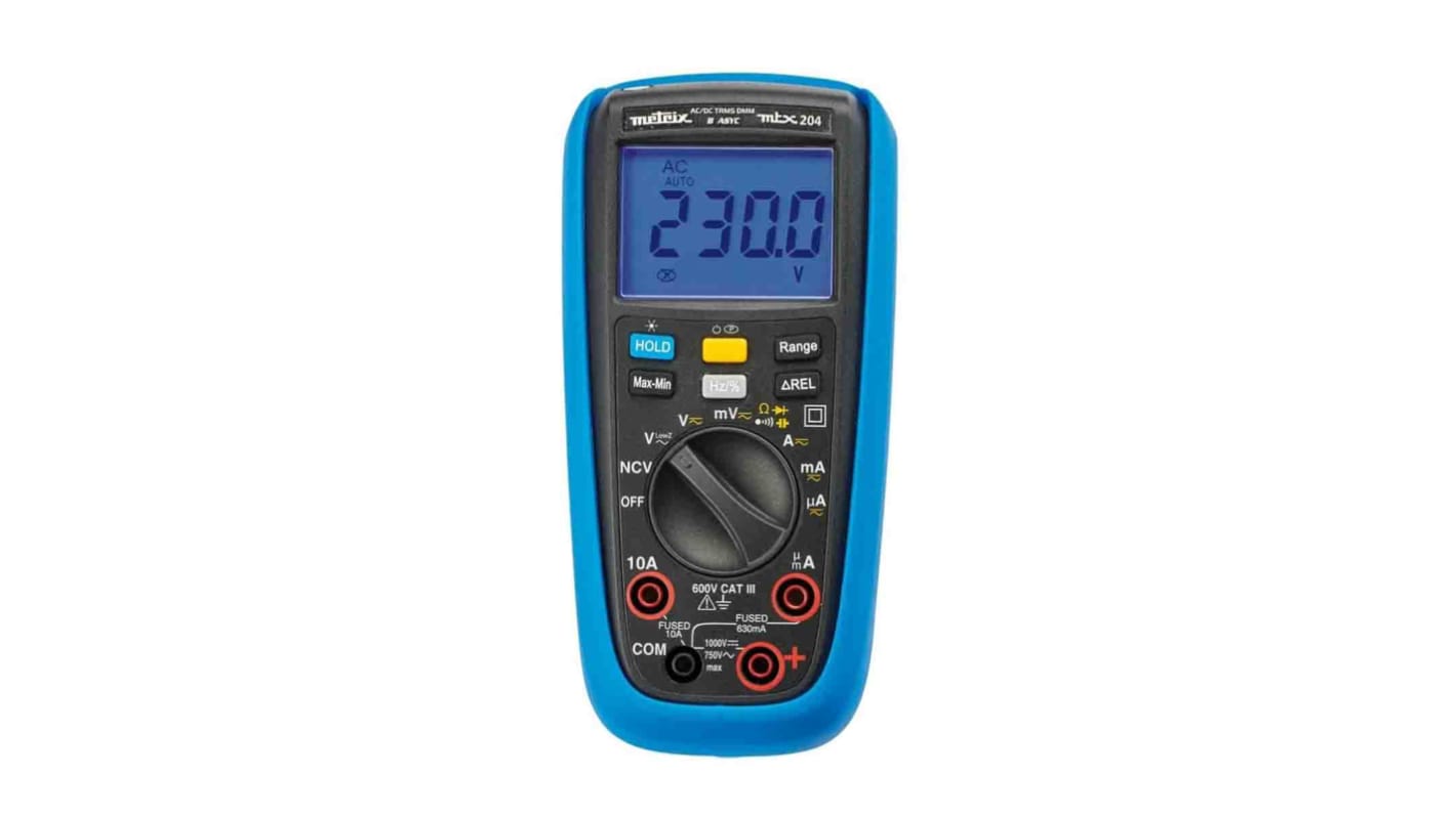 Metrix MTX204 Handheld Digital Multimeter, True RMS, 10A ac Max, 10A dc Max, 1000V ac Max