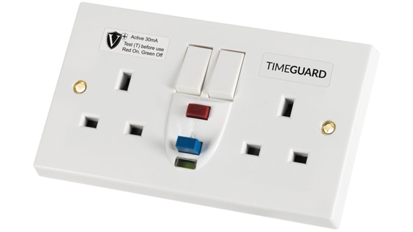 Timeguard 30A, BS Fixing, Active RCD Socket, Plastic, Surface Mount, Switched, 230 V ac, White