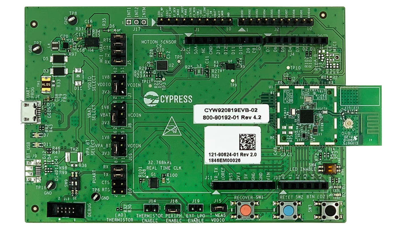 Kommunikáció és vezeték nélküli fejlesztőeszköz, CYW920819EVB-02, Kiértékelőkészlet, Arduino, USB,; CYW20819, 2.4GHz,