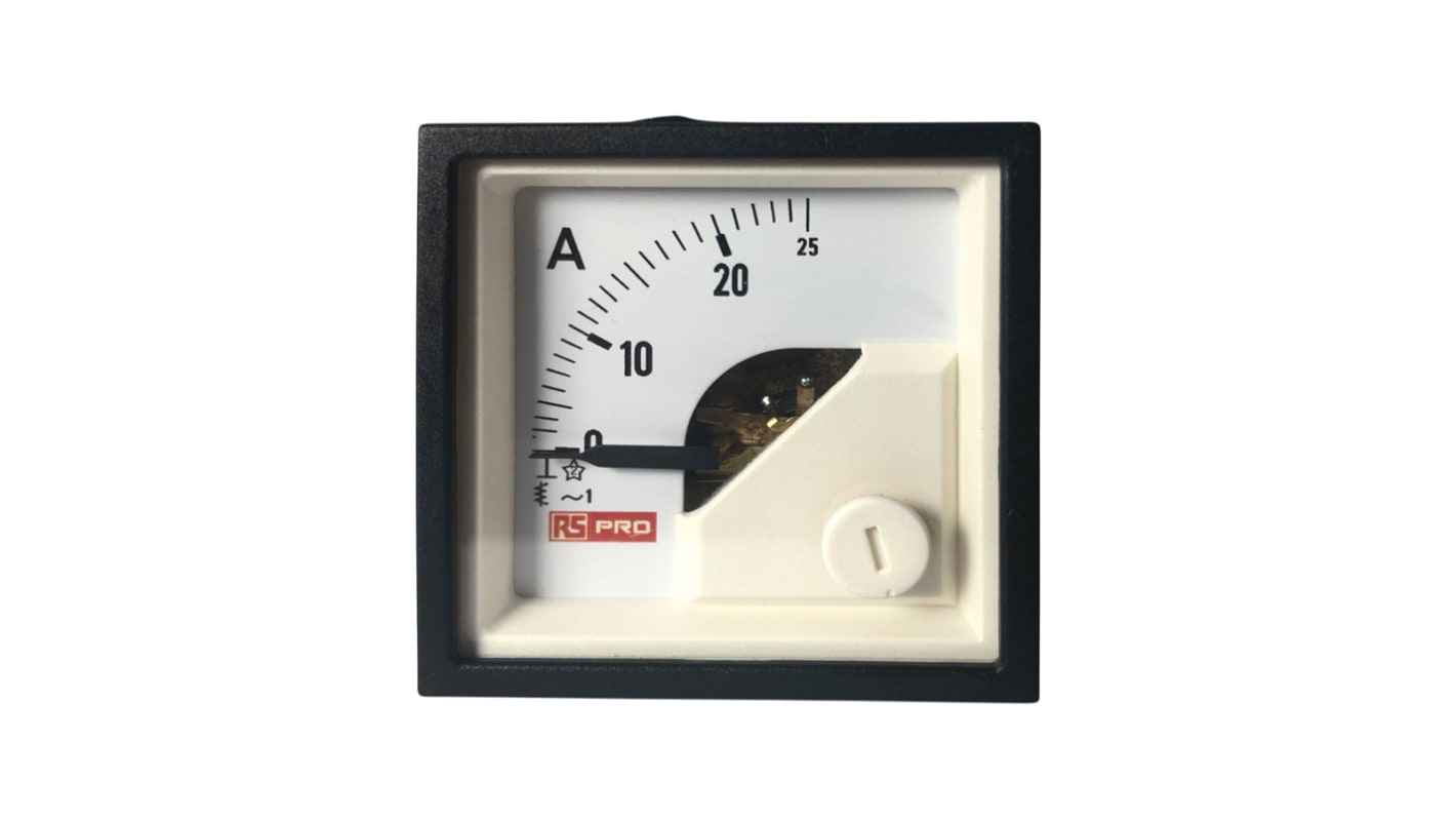 RS PRO Analogue Panel Ammeter 25 (Input, Scale)A AC, 45mm x 45mm, 1 % Moving Iron