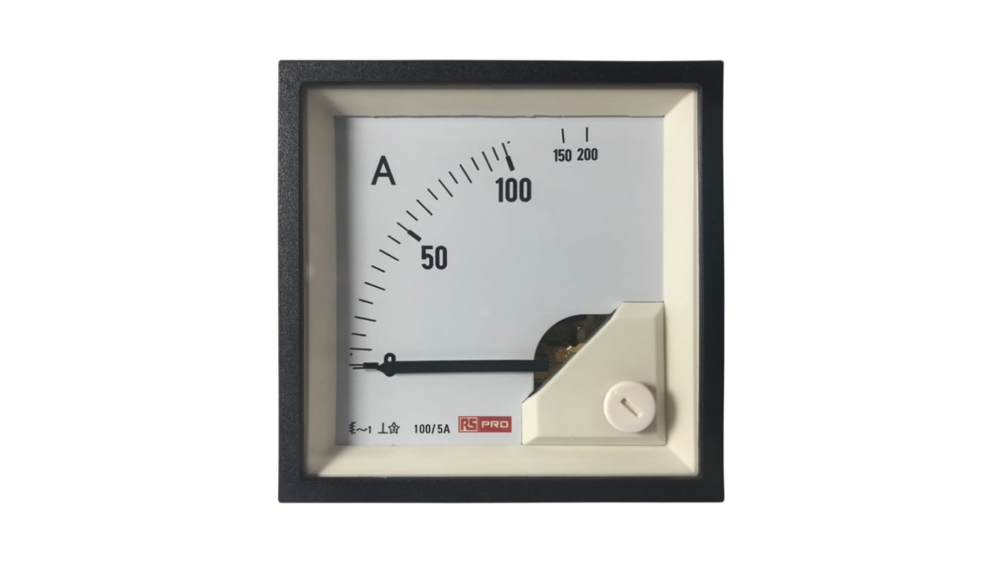 RS PRO Analogue Panel Ammeter 10 (Input) A, 100/5 (CT) A, 200 (Scle) A AC, 68mm x 68mm, 1 % Moving Iron
