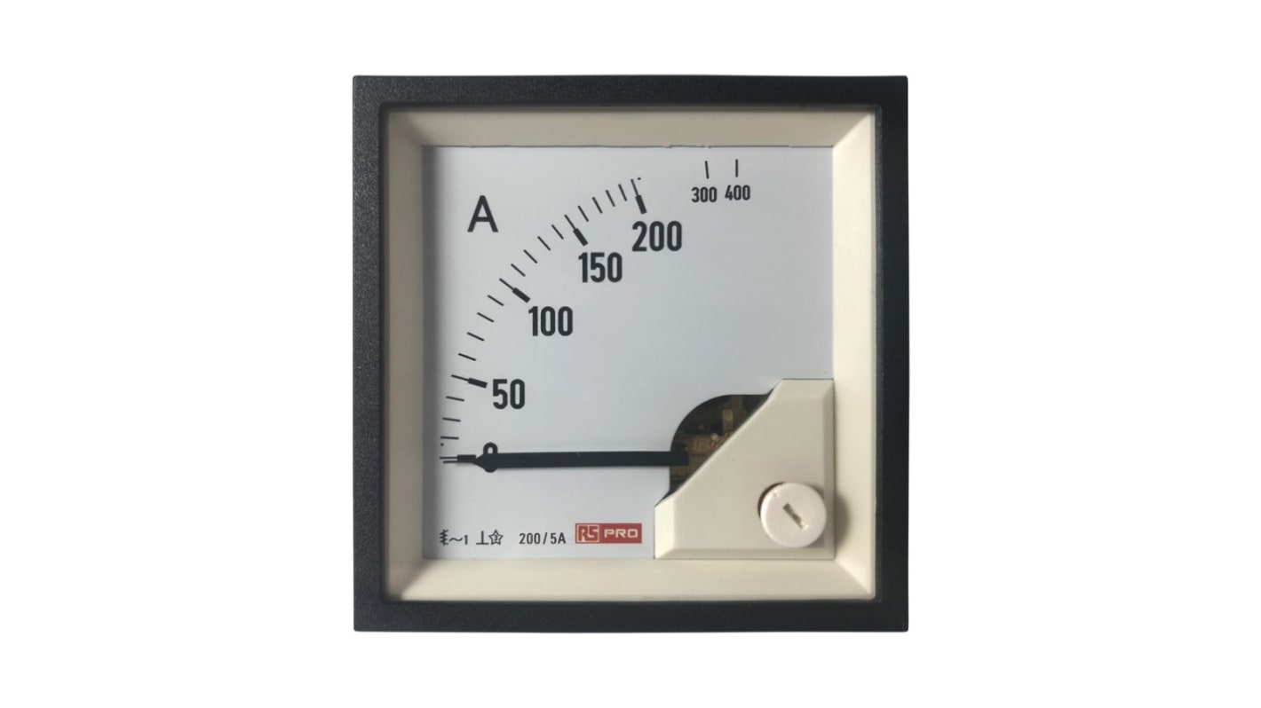 RS PRO Analogue Panel Ammeter 10 (Input) A, 200/5 (CT) A, 400 (Scle) A AC, 68mm x 68mm, 1 % Moving Iron