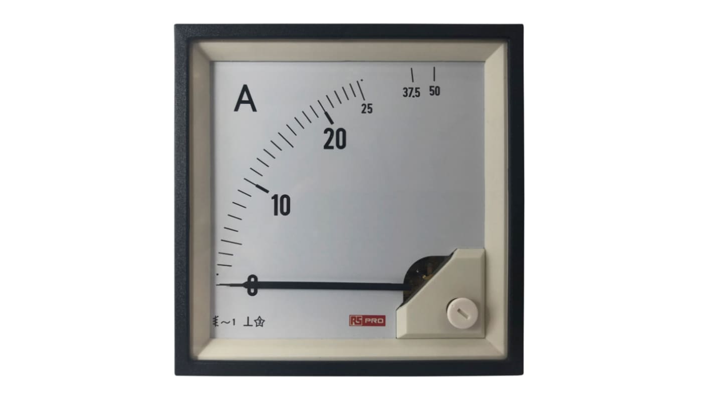 Amperímetro analógico de panel AC RS PRO, valor máx. 50 (Input)A, 1 %, dim. 92mm x 92mm