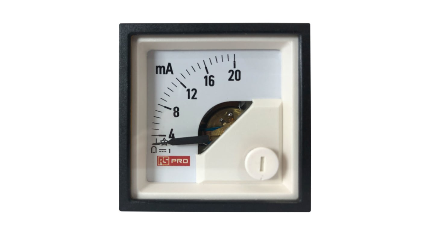 RS PRO Analogue Panel Ammeter 20 (Input)mA DC, 45mm x 45mm, 1 % Moving Coil