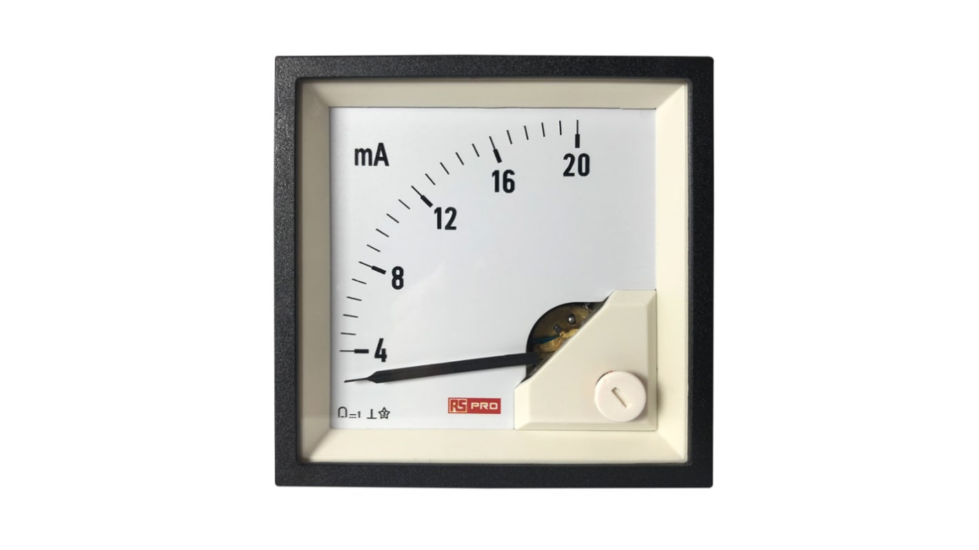 RS PRO Analogue Panel Ammeter 20 (Input)mA DC, 68mm x 68mm, 1 % Moving Coil