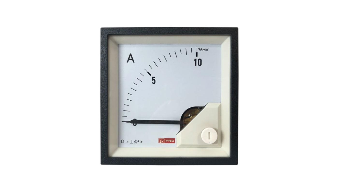 RS PRO Analogue Panel Ammeter 0/10A For Shunt 75mV DC, 68mm x 68mm, 1 % Moving Coil