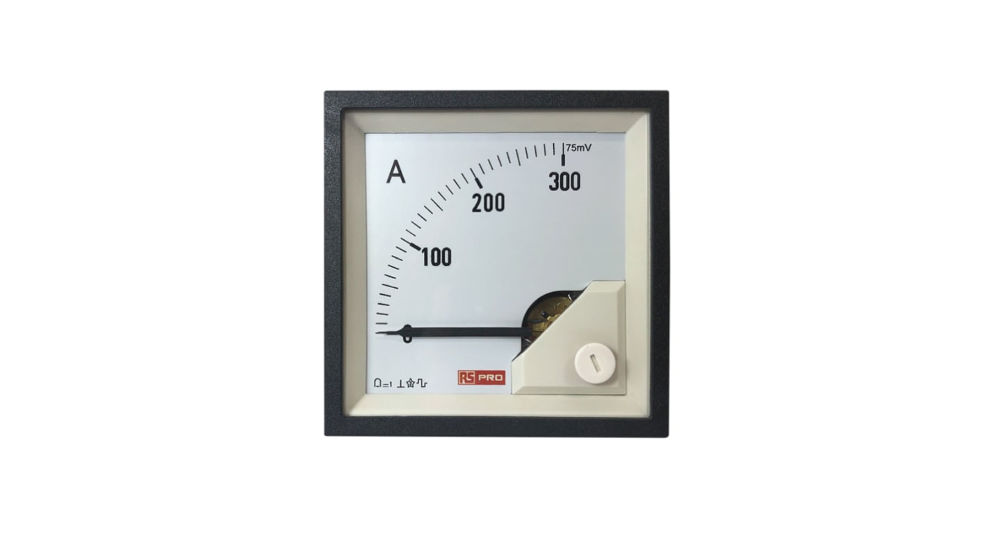RS PRO Analogue Panel Ammeter 0/300A For Shunt 75mV DC, 68mm x 68mm, 1 % Moving Coil