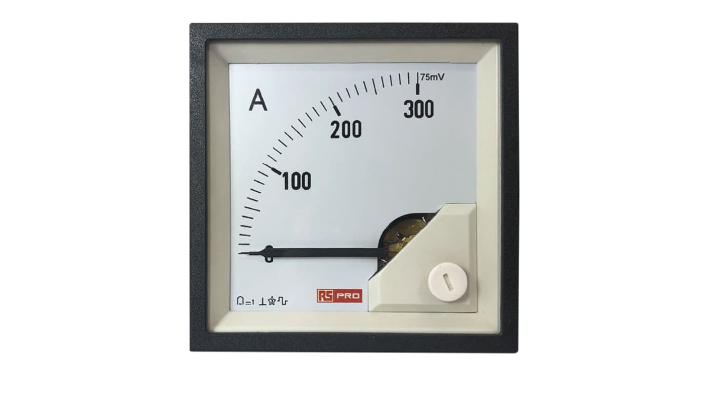 RS PRO Analogue Panel Ammeter 0/300A For Shunt 75mV DC, 68mm x 68mm, 1 % Moving Coil