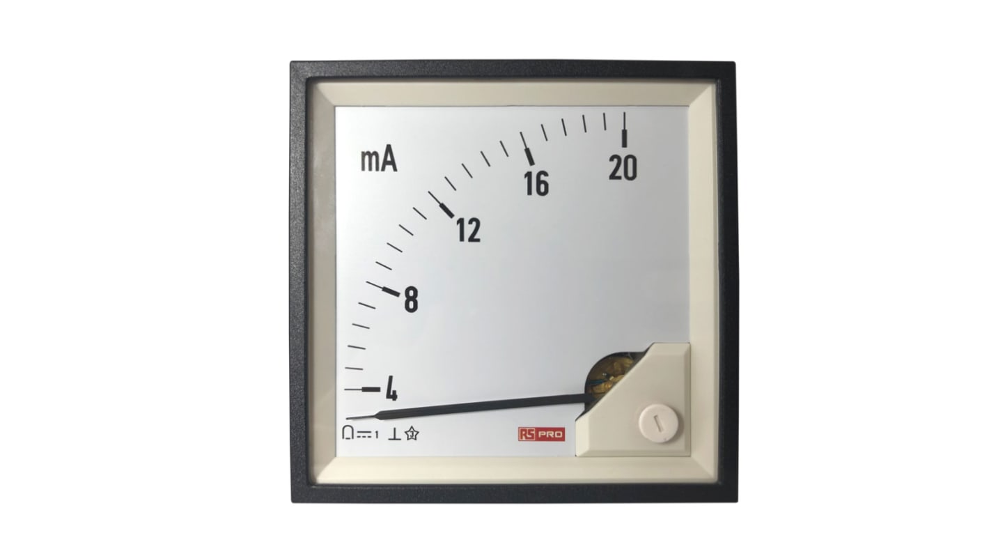 RS PRO Analogue Panel Ammeter 20 (Input)mA DC, 92mm x 92mm, 1 % Moving Coil