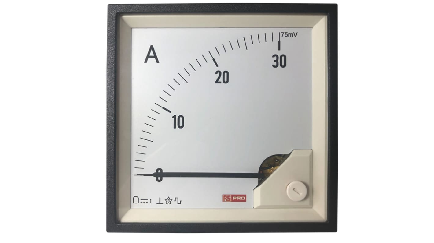 Amperometro analogico da pannello RS PRO, max 0/30A For Shunt 75mV, c.c., foro L 92mm x H 92mm, 1%