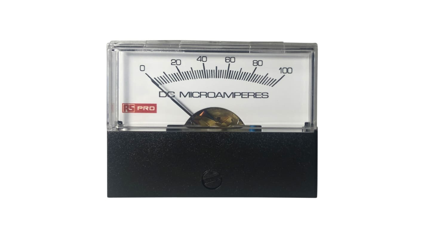 RS PRO Analogue Panel Ammeter 100 (Input)μA DC, 57mm x 44mm, ±1.5 % Moving Coil