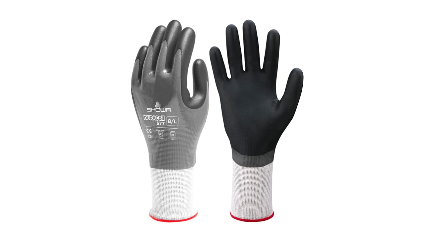 Showa Duracoil Grey HPPE, Polyester Cut Resistant Work Gloves, Size 8, Nitrile Foam Coating