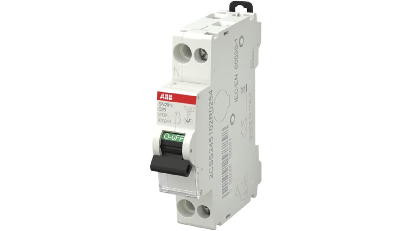 ABB SN201 MCB, 1+N, 25A Curve C, 230V AC, 4.5 kA Breaking Capacity