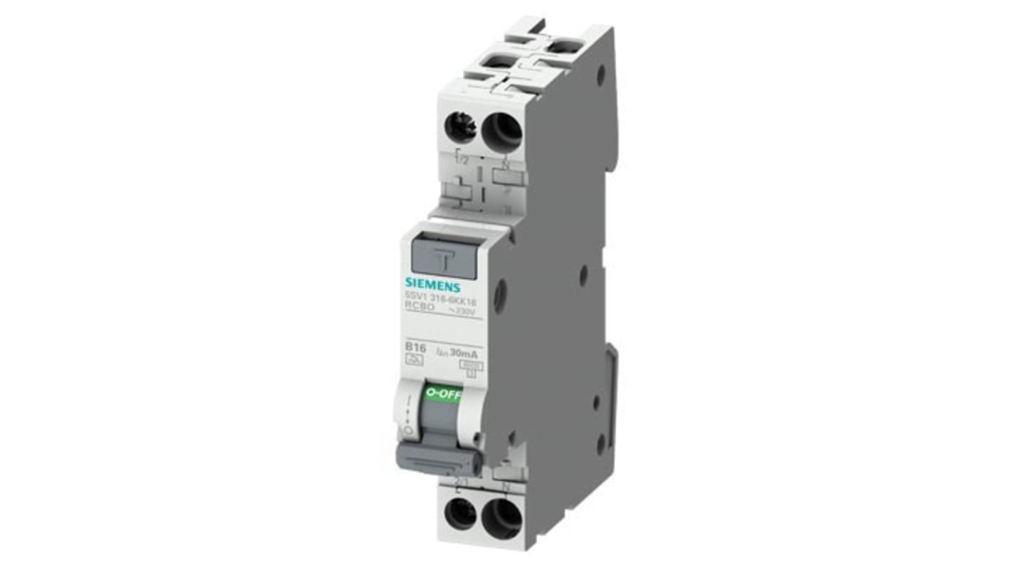 Siemens RCBO Sentron 5SV1316 FI/LS-Schalter 16A, 1P+N-polig Typ A, Empfindlichkeit 30mA, DIN-Schienen-Montage