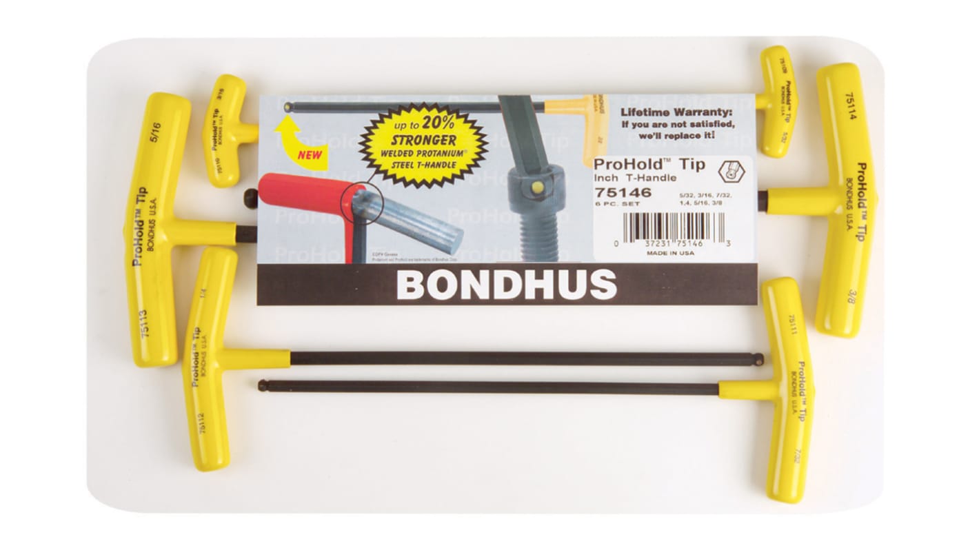 Bondhus T形球头内六角扳手套装, 英制, 3/16 → 7/32"规格