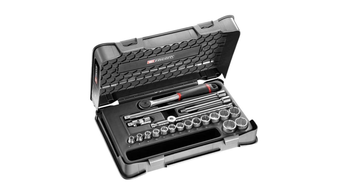 Facom 20-Piece Metric 3/8 in Standard Socket Set with Ratchet, 12 point