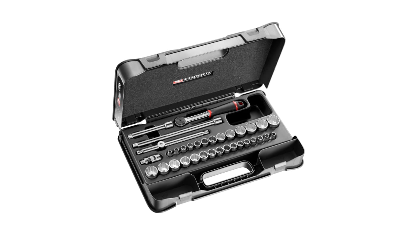 Facom 34-Piece Imperial, Metric 3/8 in Standard Socket Set with Ratchet, 12 point