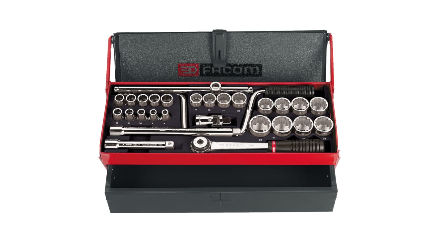 Facom 28-Piece Metric 1/2 in Standard Socket Set with Ratchet, 12 point