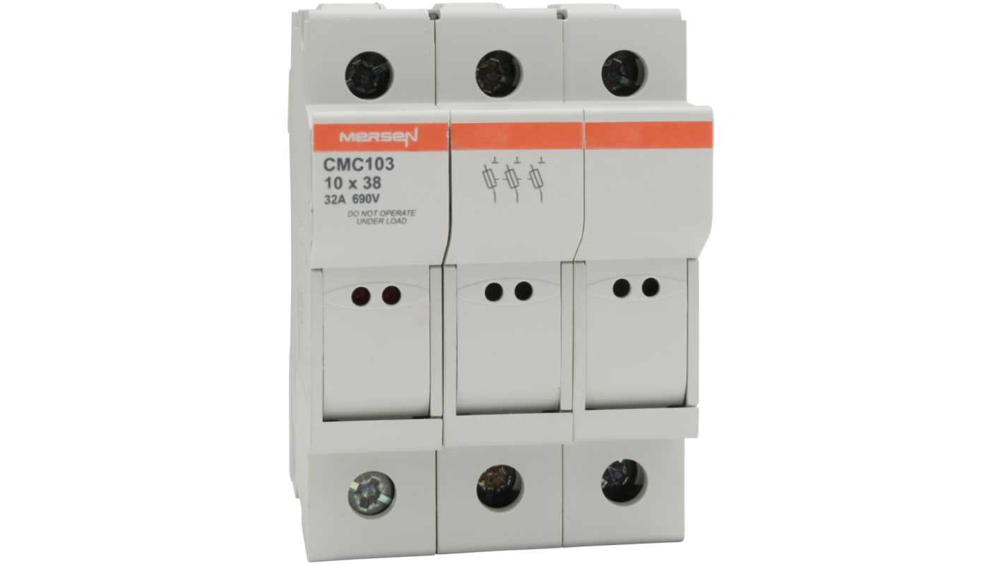 Mersen 32A Rail Mount Fuse Holder for 10 x 38mm Fuse, 3P, 690 V ac → 1kV ac/dc