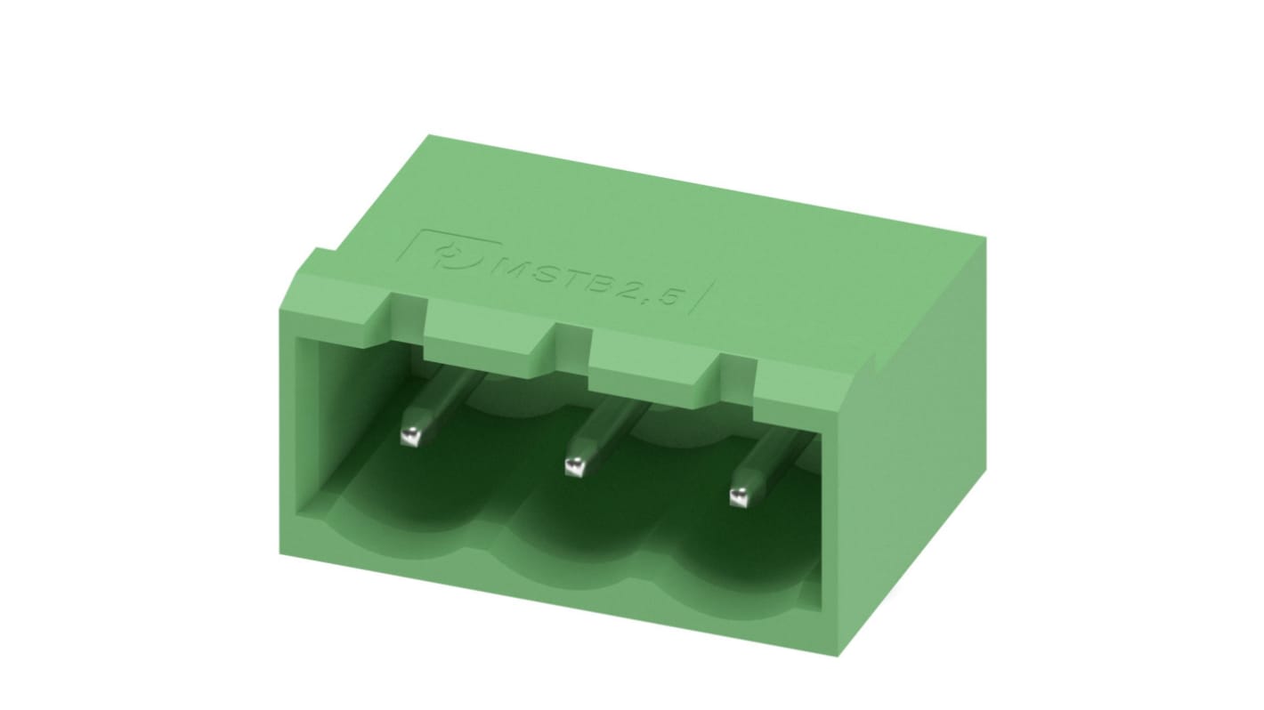 Phoenix Contact, 5.08mm Pitch, MSTBA 2.5/ 3-G-5.08, 3 Way, Right Angle, Pluggable Terminal Block, Header, Wave
