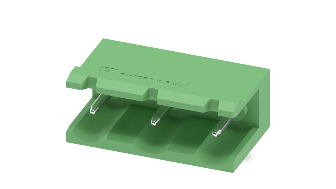 Phoenix Contact, 7.62mm Pitch, GMSTB 2.5/ 3-G-7.62, 3 Way, Right Angle, Pluggable Terminal Block, Header, Through Hole,