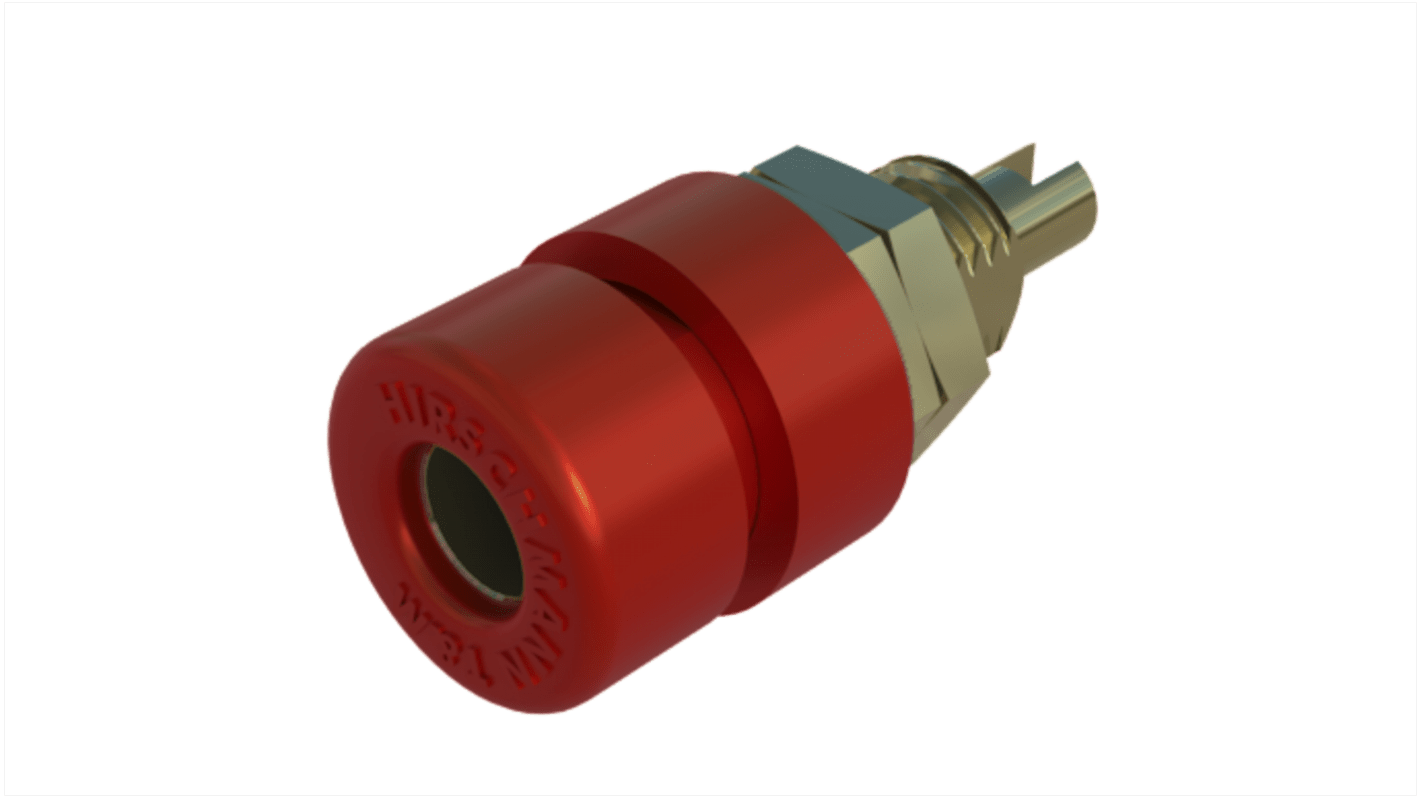 Hirschmann 4 mm香蕉插座, 红色, 30 V ac, 60V 直流, 32A, 焊接式, 23mm长, 镀金