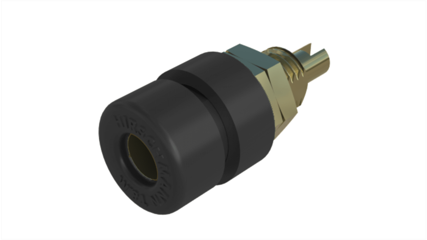 Hirschmann 4 mm香蕉插座, 黑色, 30 V ac, 60V 直流, 32A, 焊接式, 23mm长, 镀金
