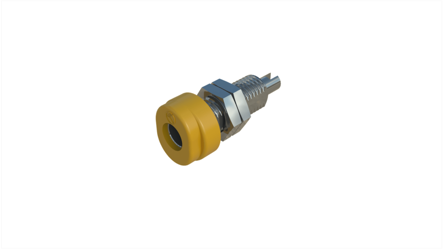 Hirschmann 4 mm香蕉插座, 黄色, 30 V ac, 60V 直流, 16A, 焊接式, 23mm长, 镀锡