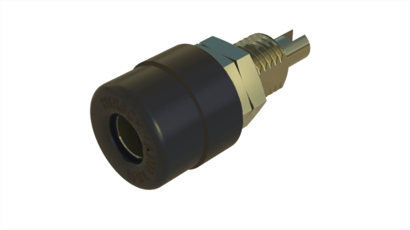 Hirschmann 4 mm香蕉插座, 黑色, 30 V ac, 60V 直流, 32A, 焊接式, 23mm长, 镀金