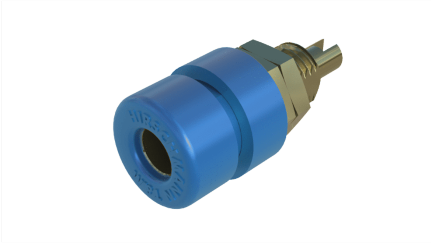 Hirschmann 4 mm香蕉插座, 蓝色, 30 V ac, 60V 直流, 32A, 焊接式, 23mm长, 镀金