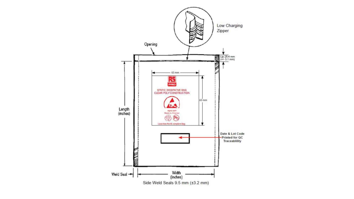 RS PRO ESD Ultra Clear Bag 76mm(W)x 127mm(L)