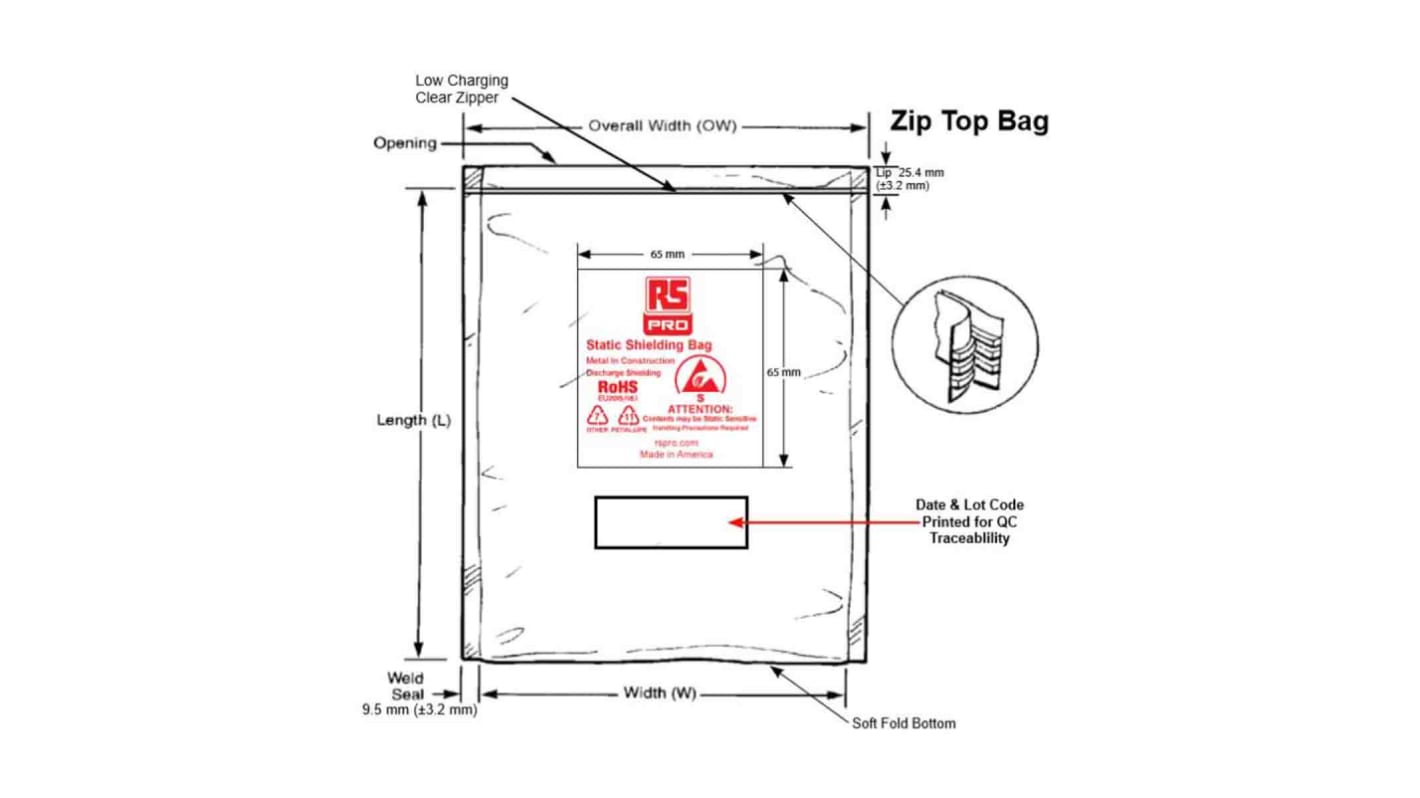RS PRO Sort2 Antistatisk pose3, Længde: 610mm12, Bredde: 455mm13, Tykkelse: 0.07mm14