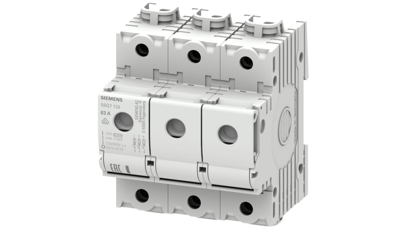 Siemens 63A Bottle Fuse Holder, 3P, 400V ac