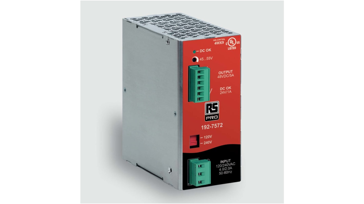 RS PRO Switched Mode DIN Rail Power Supply, 90 → 132 V ac / 187 → 264 V ac / 270 → 345V dc ac, dc