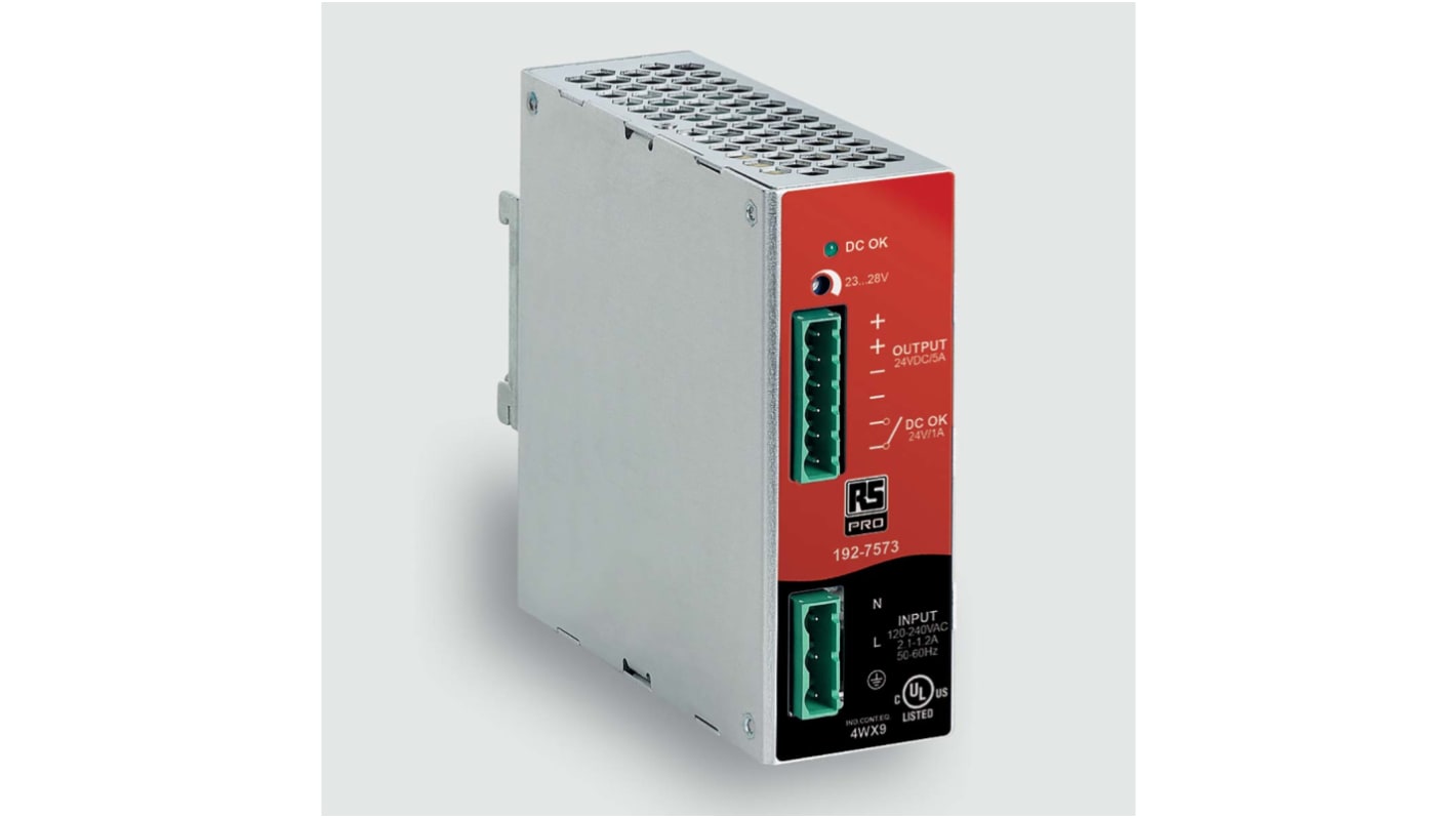 RS PRO Switched Mode DIN Rail Power Supply, 85 → 264 V ac / 110 → 345V dc ac, dc Input, 23 → 28V