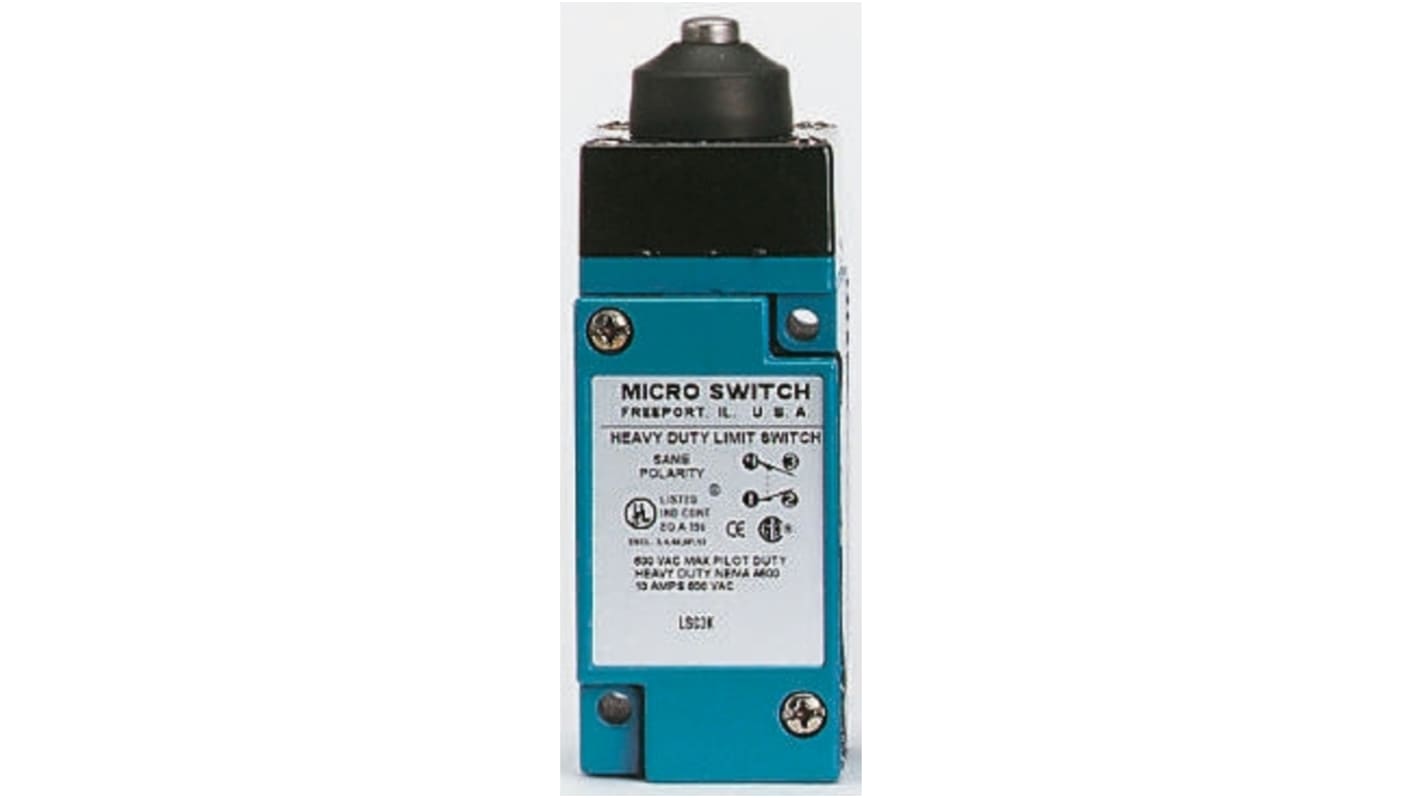 Honeywell HDLS Series Plunger Limit Switch, NO/NC, IP67, SPDT, Die Cast Zinc Housing, 600V ac Max, 10A Max