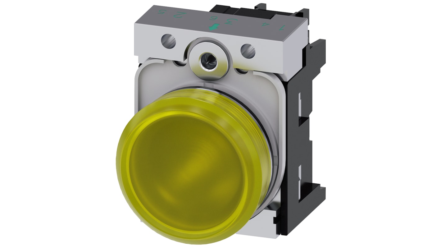 Siemens, SIRIUS ACT, Panel Mount Yellow LED Indicator, 22mm Cutout, Round, 110V ac