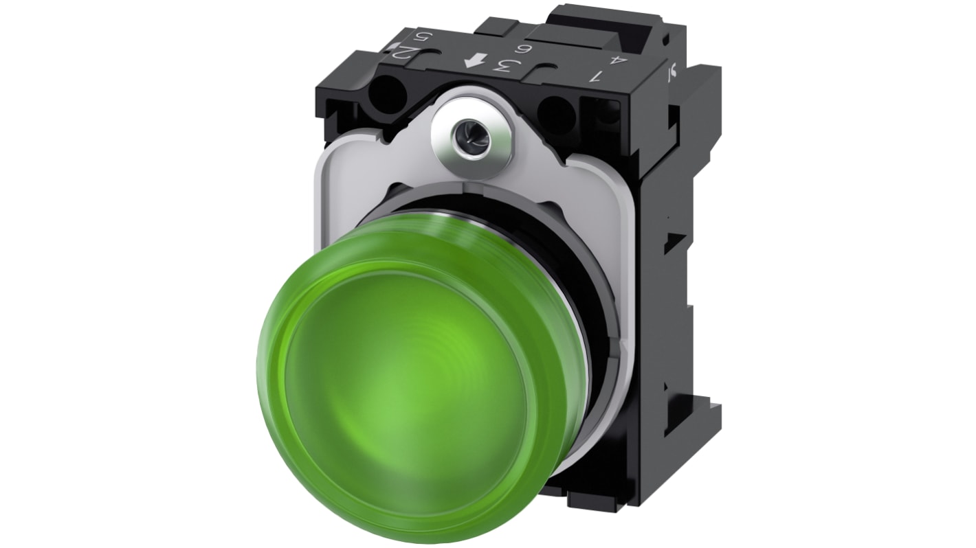 Siemens, SIRIUS ACT 3SU11, Panel Mount Green LED Indicator, 22mm Cutout, Round, 24V ac/dc